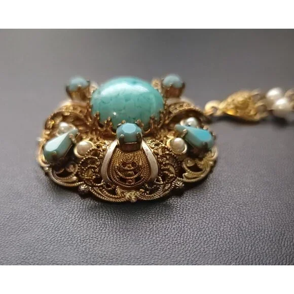 Vtg W Germany Gold-Tone Necklace Faux Turquoise & Pearl Filigree Pendant SIGNED - Picture 3 of 9